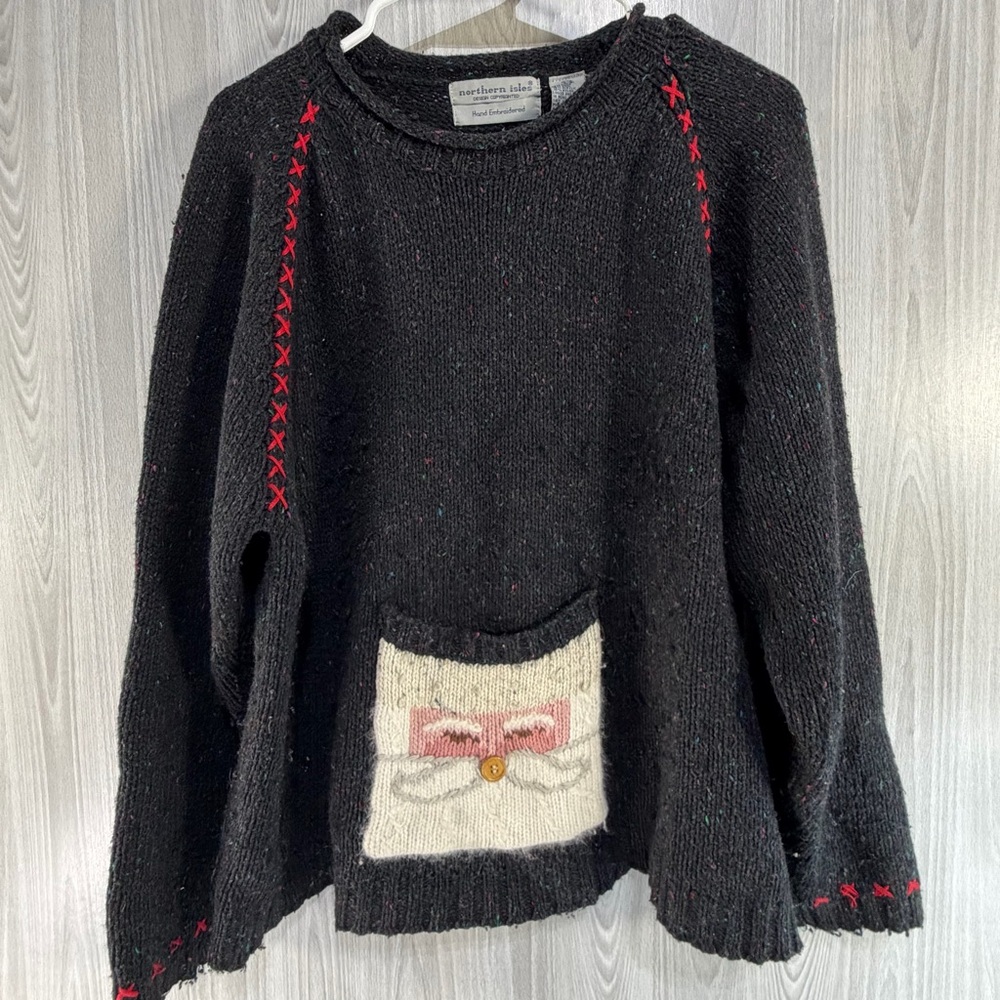 Vintage Northern Isles Black Tweed Wool‎ Blend Santa Christmas Sweater Large